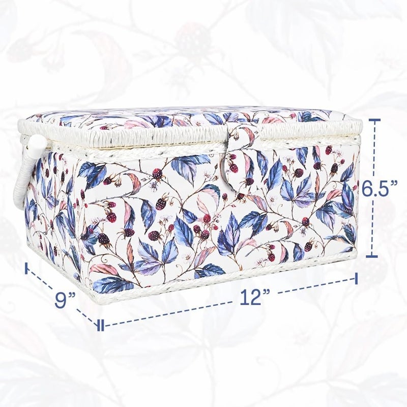 COMFECTO Sewing Basket with Blue Red Floral Print Design, Empty Vintage Sewing Box for Sewing Supplies with Removable Tray Built-In Pin Cushion Interior Pocket - Image 3